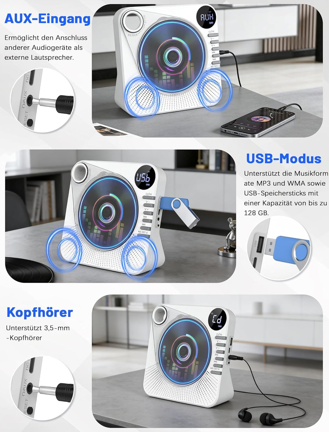 Tragbarer CD-Player 4000mAh Wiederaufladbar, Bluetooth 5.1 mit Stereo-Lautsprechern, Fernbedienung,
