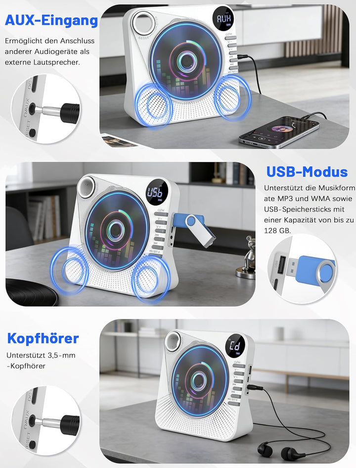 Tragbarer CD-Player 4000mAh Wiederaufladbar, Bluetooth 5.1 mit Stereo-Lautsprechern, Fernbedienung,