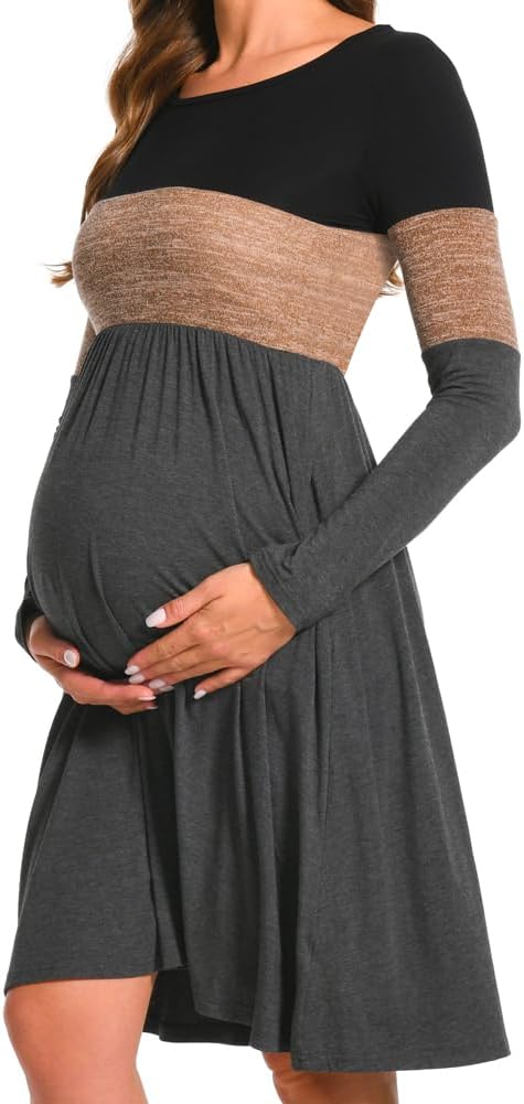 Bearsland Women’s Long Sleeve Maternity Dresses Patchwork Pregnancy Dress with Pocket S Brown, S Bro