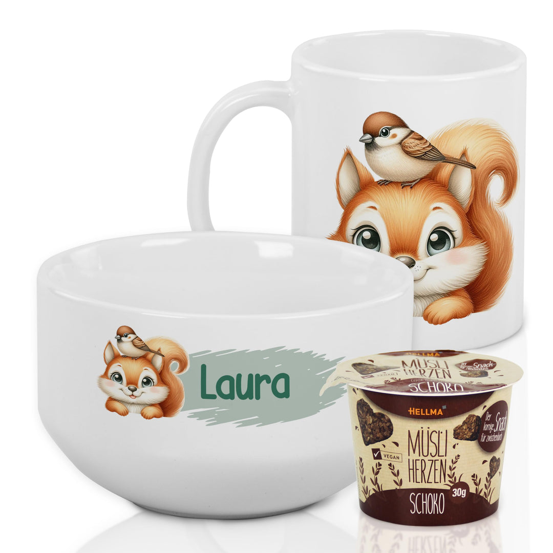 GRAZDesign Frühstückset Tasse mit Müslischale personalisiert für Kinder Eichhörnchen Motiv aus Keram
