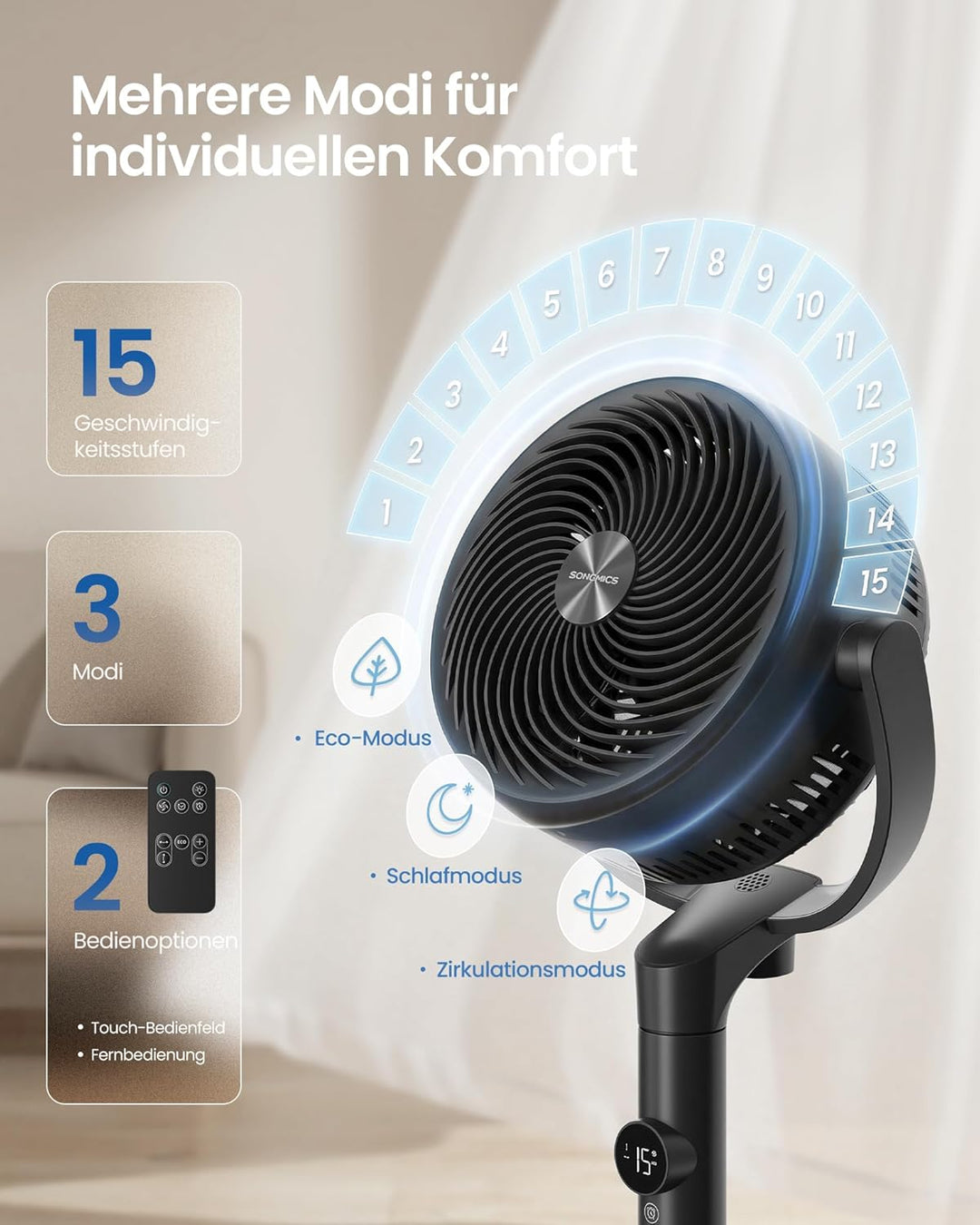 SONGMICS Standventilator, Ventilator leise 20 dB mit Fernbedienung, Luftzirkulator 120° und 135° Osz