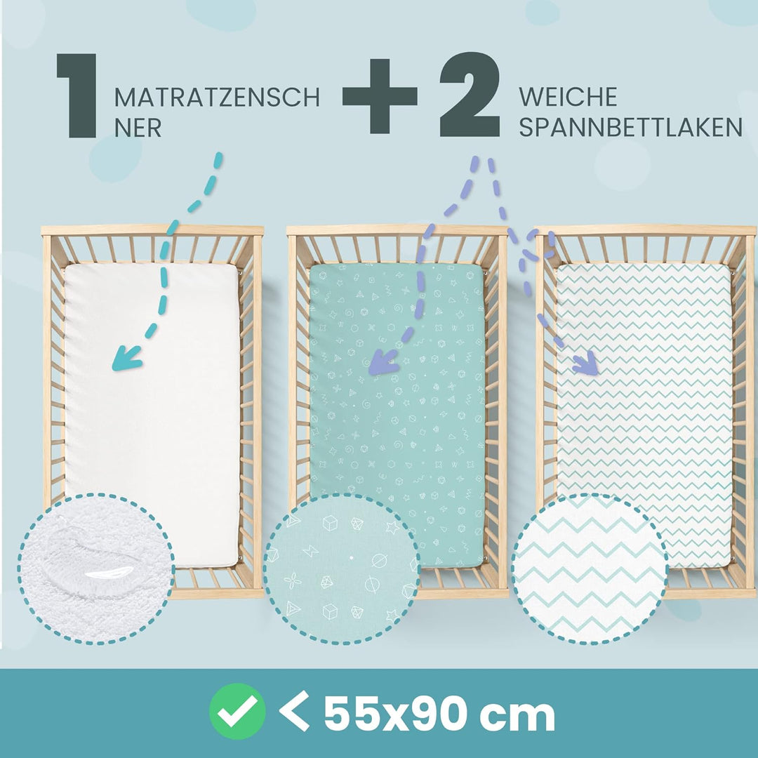 2X Spannbettlaken aus 100% Baumwolle mit Gummiband - 1X Matratzenschoner aus 100% wasserdichtem Mate