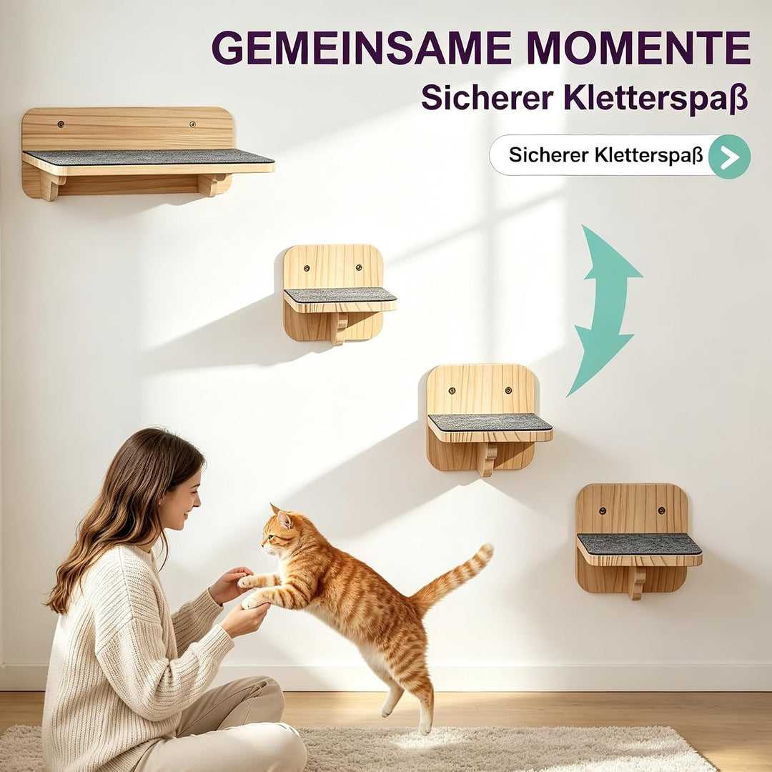 Katzentreppe Wand Holz 4er-Set Kletterwand frei Kombinierbar | Katzen Wandelemente inkl. 1 Plattform