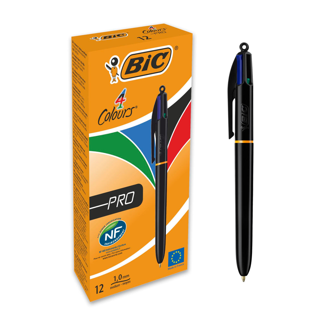 BIC 4 Farben Kugelschreiber Set 4 Colours Pro, mit schwarzem Schaft, 12er Pack, nachfüllbar, Ideal f