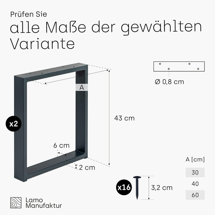 LAMO Manufaktur Tischbeine für Sitzbank, Couchtisch, Beistelltisch, Simple Light, Vierkantprofil 60x