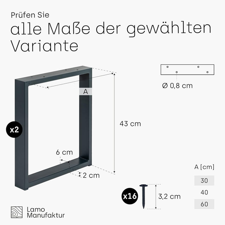 LAMO Manufaktur Tischbeine für Sitzbank, Couchtisch, Beistelltisch, Simple Light, Vierkantprofil 60x