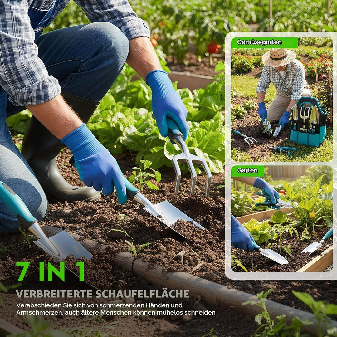Gartenwerkzeug Set 7-teilig Mit Handschuhen Und Aufbewahrungstasche, Ergonomische rutschfeste Griffe
