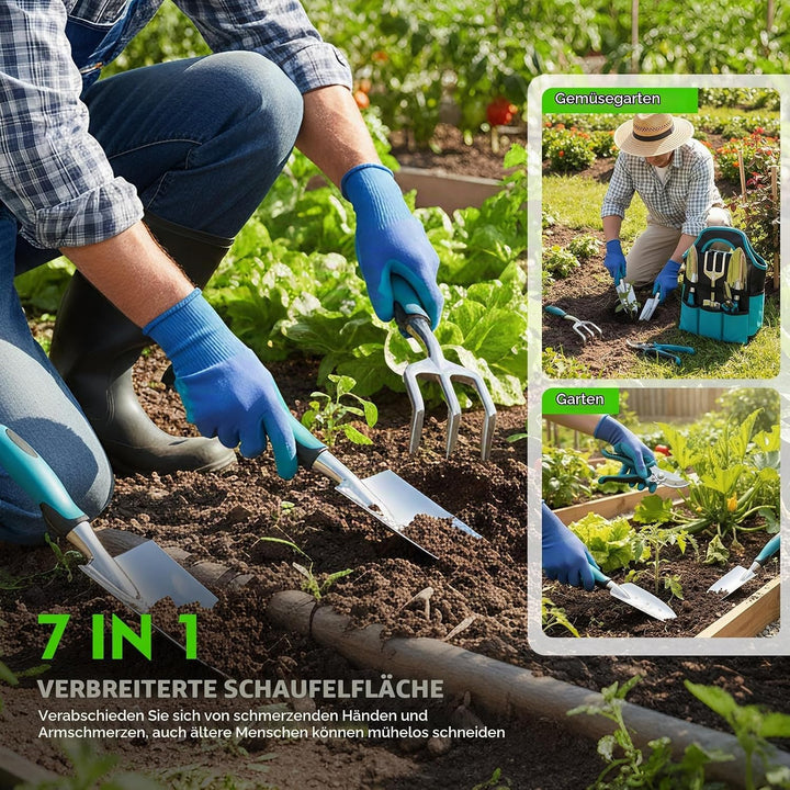Gartenwerkzeug Set 7-teilig Mit Handschuhen Und Aufbewahrungstasche, Ergonomische rutschfeste Griffe