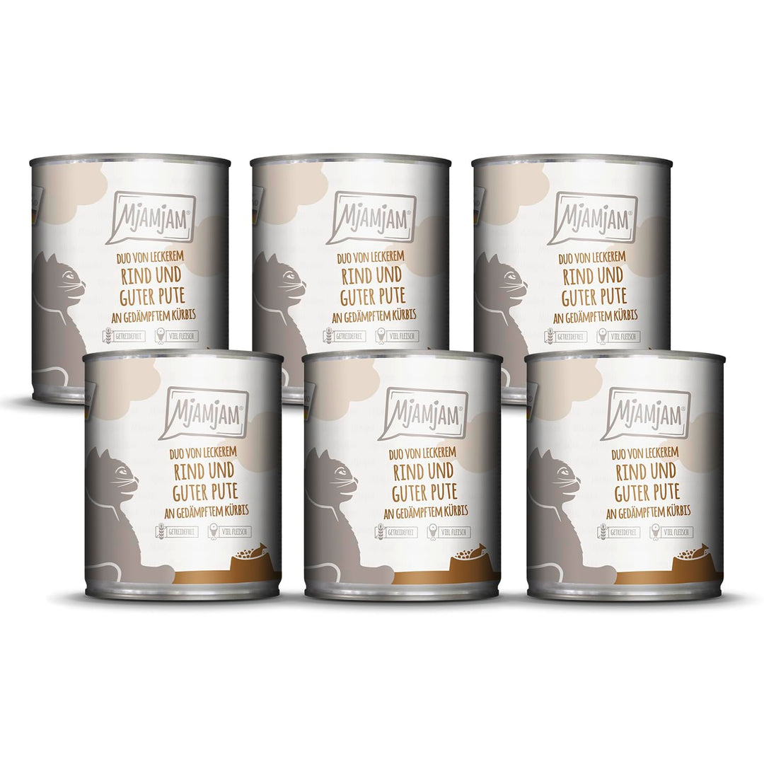 MjAMjAM - Premium Nassfutter für Katzen - DUO von leckerem Rind & guter Pute an gedämpftem Kürbis, 6