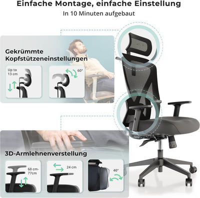 Backerz Bürostuhl Ergonomisch - Bürostühle 150kg, TUV & NEN 1335 zertifiziert - Office Schreibtischs