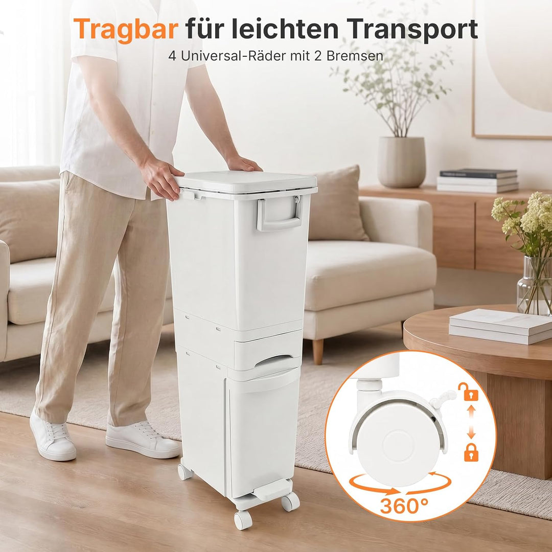32 L Mülleimer Küche 3 Fächer, Abfalleimer mit Deckel & Pedal, Mülleimer auf Rädern, Mülltrennsystem