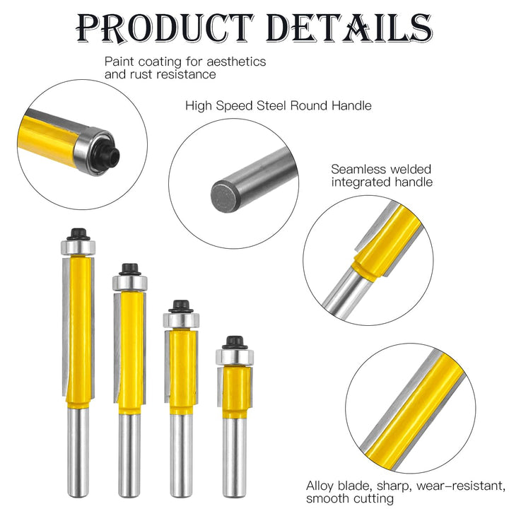 4 Stück Bündigfräser Kugellager Oben, Fräser für Oberfräse 8mm, bündigfräser 8mm, Fräser Set Kanten
