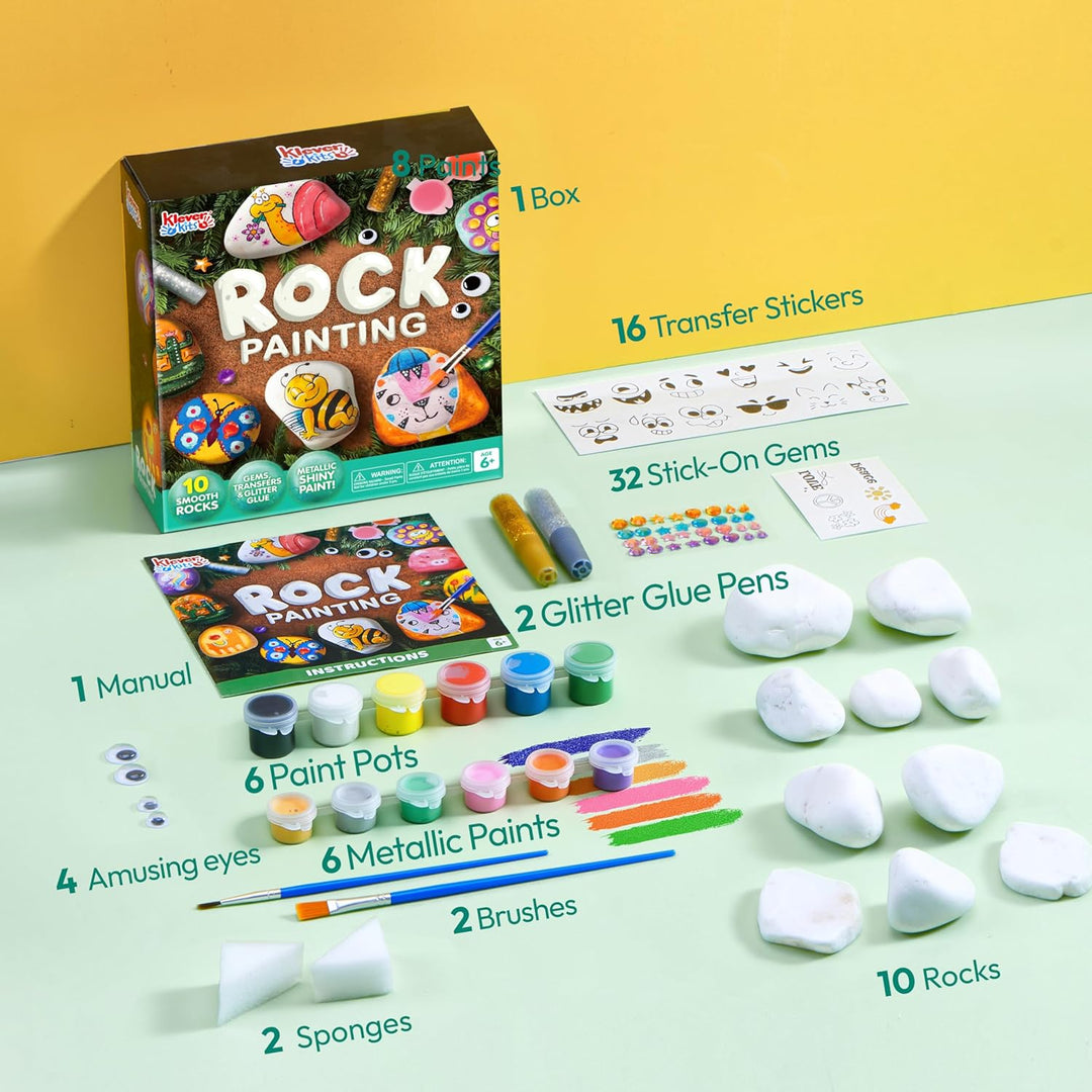 JOYIN 10 Stück Steine Bemalen Set für Kinder mit 18 Farben (Standard Metallicfarben,Aufkleber, Glitz