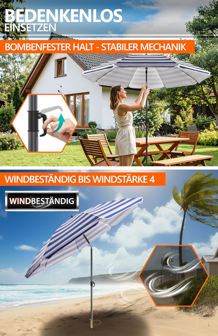 4smile Sonnenschirm Strand Ø 180 cm mit Rasendorn, 3-IN-1-SET, Blau-Weiss | Strandschirm windfest st