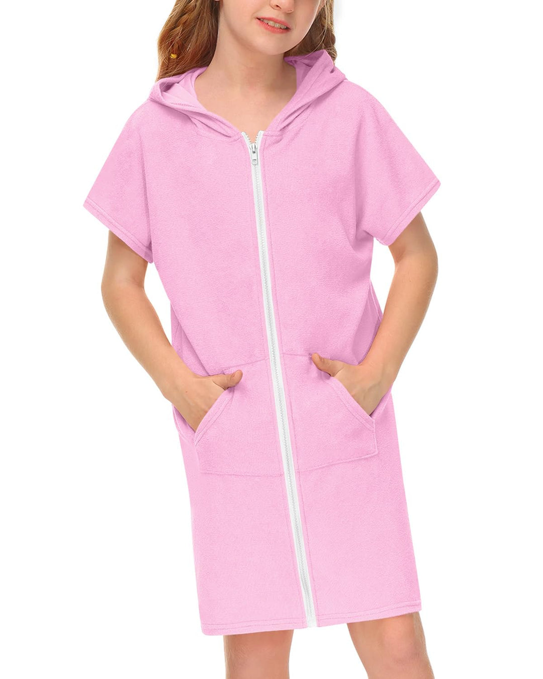BesserBay Mädchen Badeponcho Kapuze Poncho mit Taschen Zip Cover Up Kinder Unisex 120-160 150 Hellro