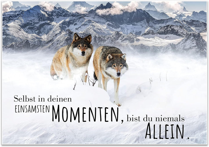 wandmotiv24 Poster als Wanddeko, Grösse 100x70cm, Wolfsrudel, Niemals allein, Wölfe, Wolf, Berge, Ti