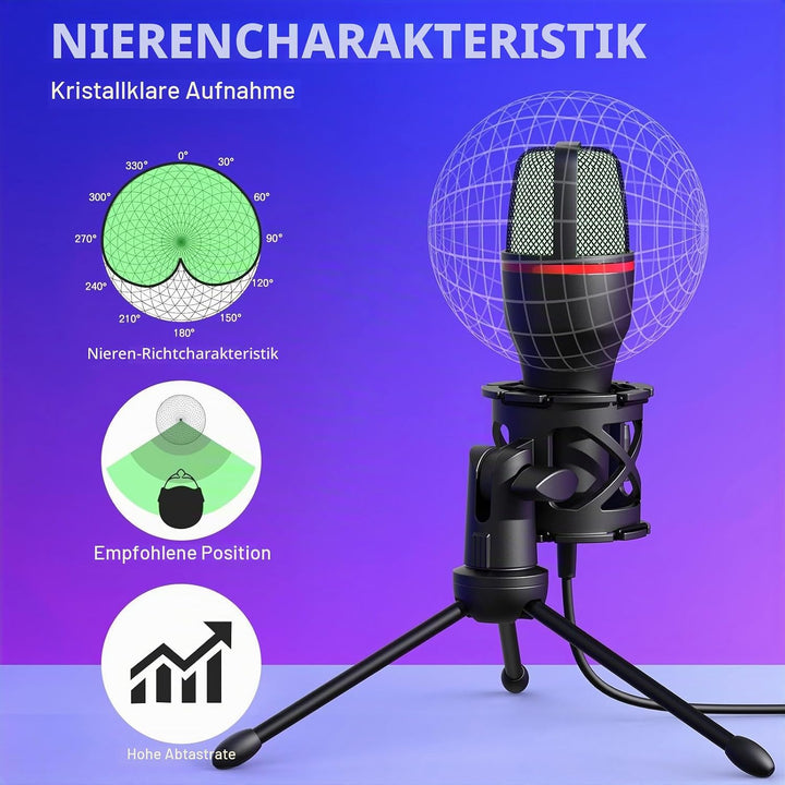 Hoppac USB Mikrofon PC Gaming Mikrofon mit Ständer & Popfilter, Nierencharakteristik Kondensator Mic