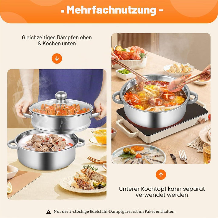 5-stufiger Edelstahl-Dampfgarer, lebensmittelecht mit Glasdeckel Dampfgarer, faltbarer Dampfgarer mi