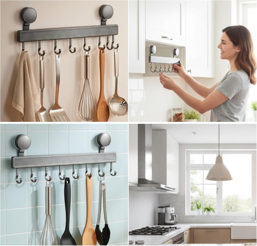 Saug-Hakenleiste für die Küche, 40 cm langer Aluminium-Utensilienhalter mit 8 Haken, bohrfreie Wandm