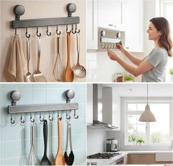 Saug-Hakenleiste für die Küche, 40 cm langer Aluminium-Utensilienhalter mit 8 Haken, bohrfreie Wandm