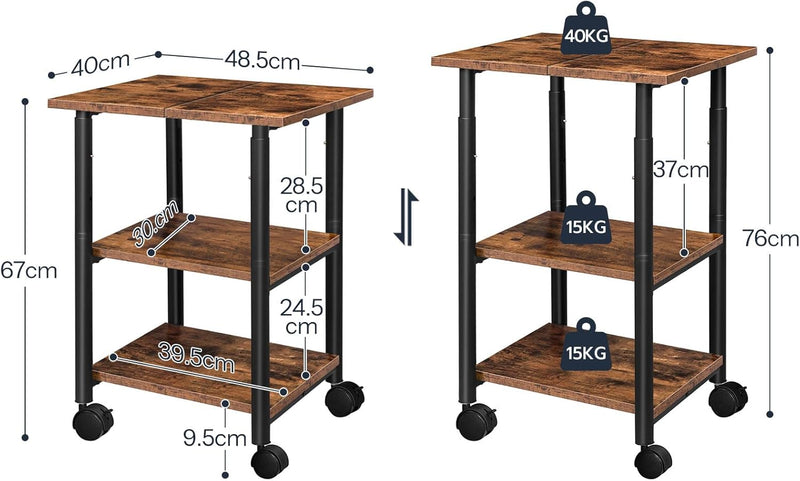 HOOBRO Druckertisch, Druckerständer mit arretierbaren Rädern, Druckerwagen rollbar mit 3 Ebenen, höh