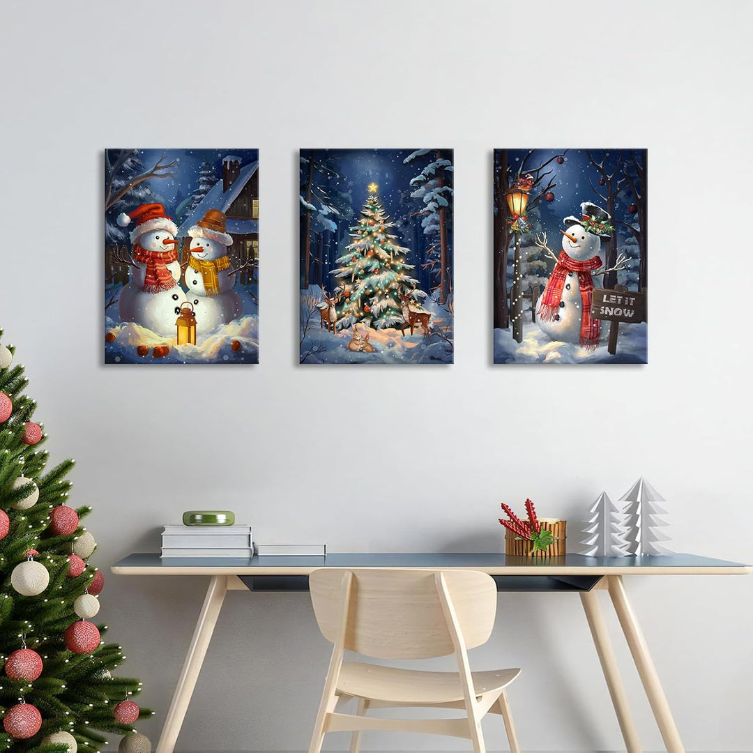 3Pcs Leinwandbilder Bilder mit Rahmen Blau Weihnachten Schnee Schauplatz bild auf leinwand Schneeman