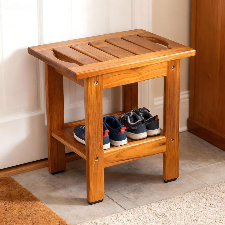 VaeFae Duschbank aus Teakholz Kleiner Badhocker Hocker, Zweistufiger Duschhocker aus Holz, Badezimme