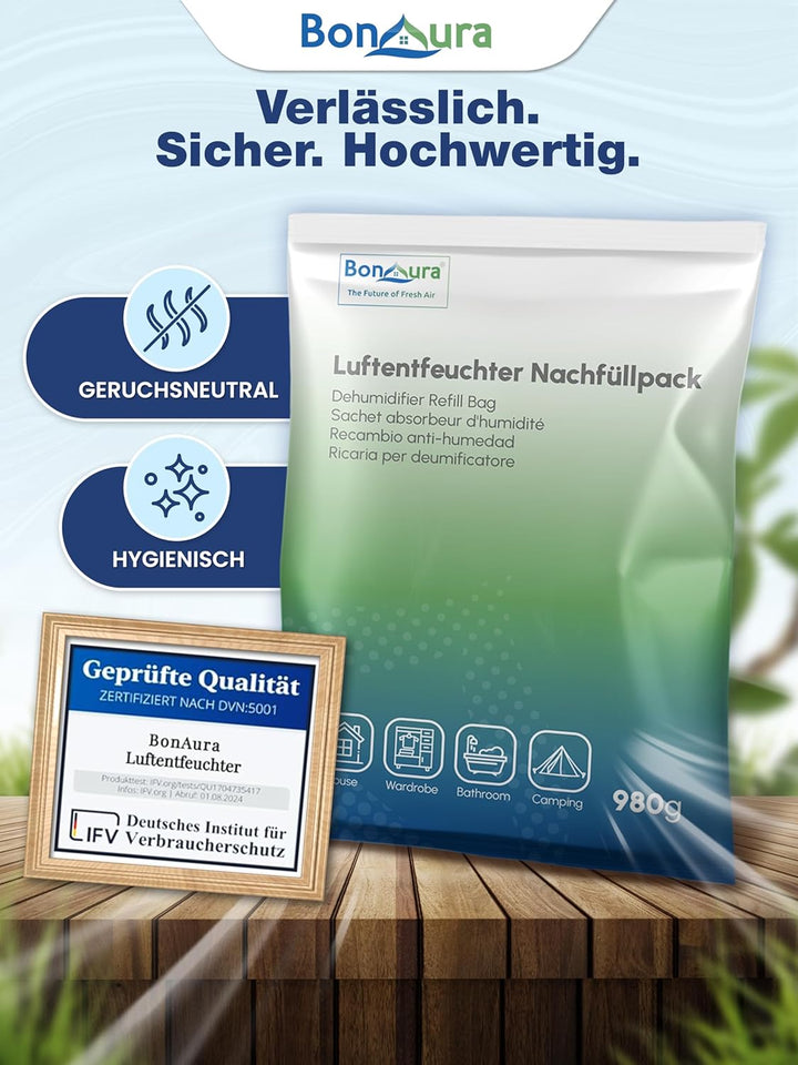 BonAura® AirOne Max Luftentfeuchter Nachfüllpack I 2er Set 980g Luftentfeuchter Granulat I Entfeucht