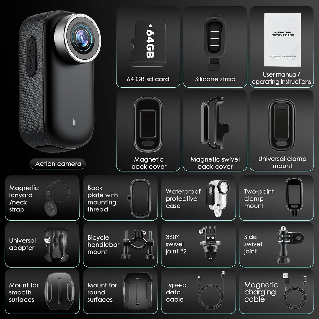 4K Mini Action Kamera mit 64GB SD-Karte, Leichte Tragbare Bodycam, 30M Wasserdichte Unterwasser-Kame