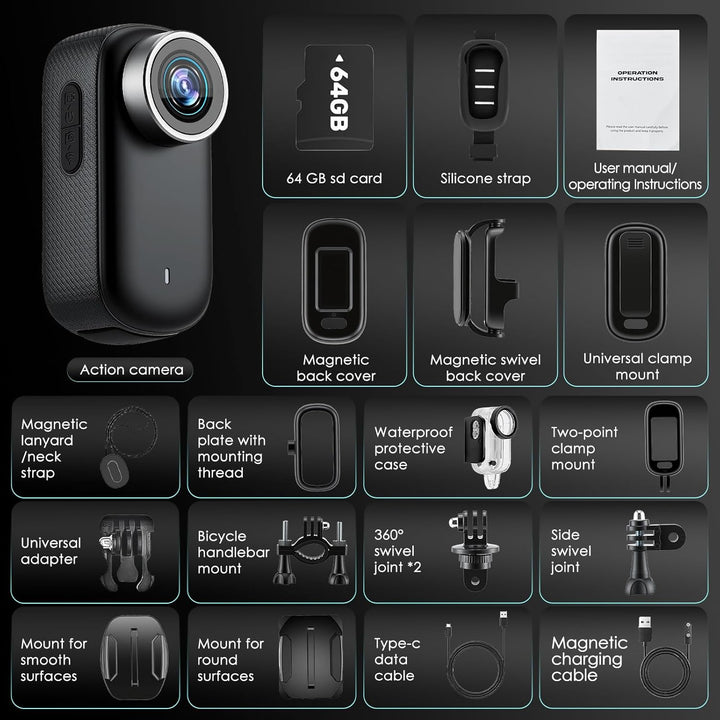 4K Mini Action Kamera mit 64GB SD-Karte, Leichte Tragbare Bodycam, 30M Wasserdichte Unterwasser-Kame