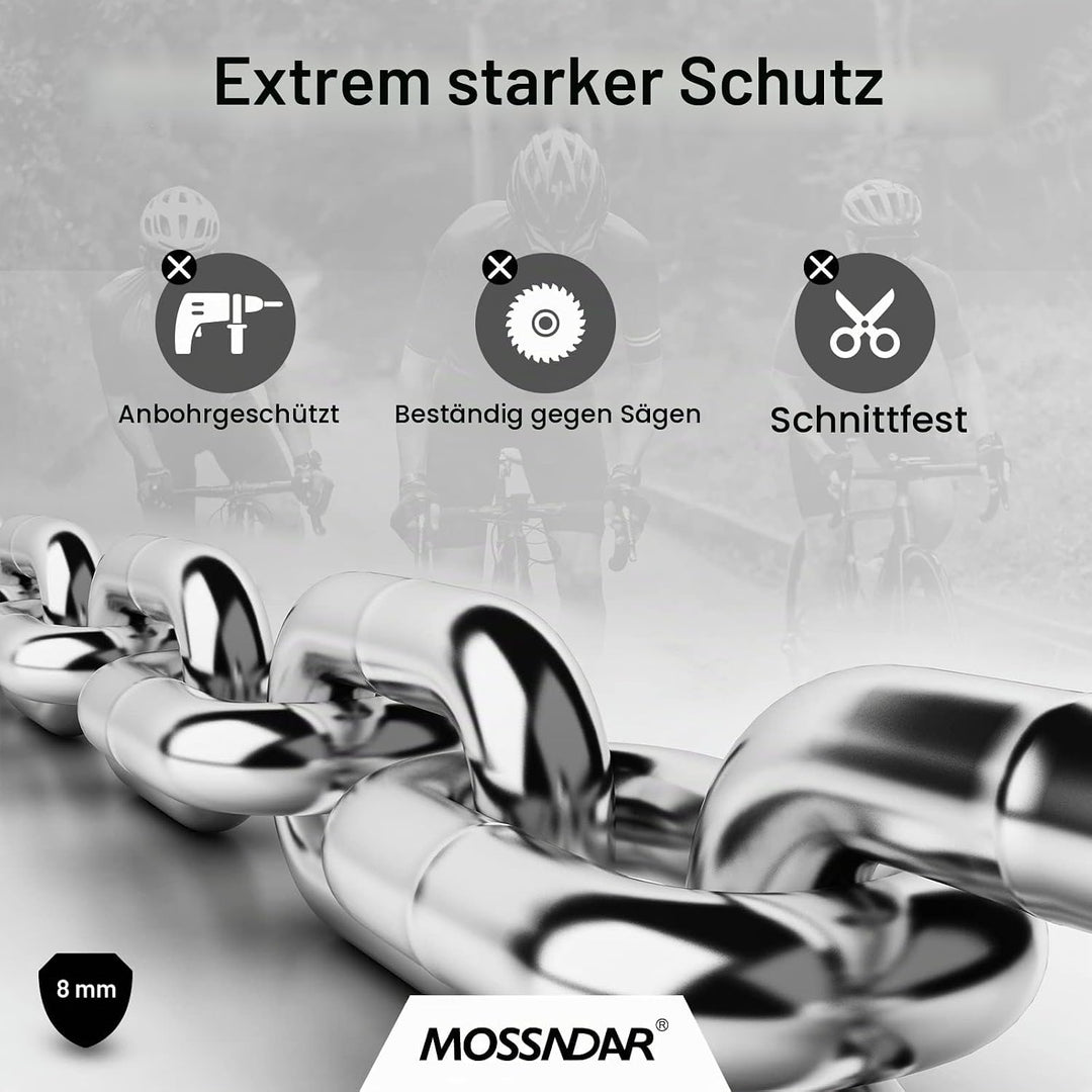 MOSSNDAR Fahrradschloss Hohe Sicherheit, 8mm 1170g 99cm, Fahrradschloss mit Schlüssel, Kettenschloss