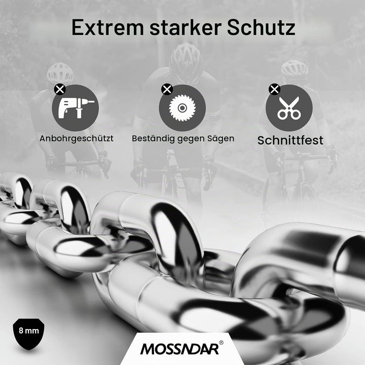 MOSSNDAR Fahrradschloss Hohe Sicherheit, 8mm 1170g 99cm, Fahrradschloss mit Schlüssel, Kettenschloss