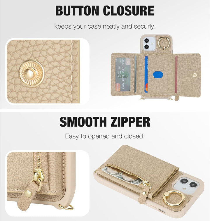 ELTEKER Handyhülle für iPhone 12 Mini Hülle mit Band Kartenfach Handykette Ringhalterung Geldbörse,L