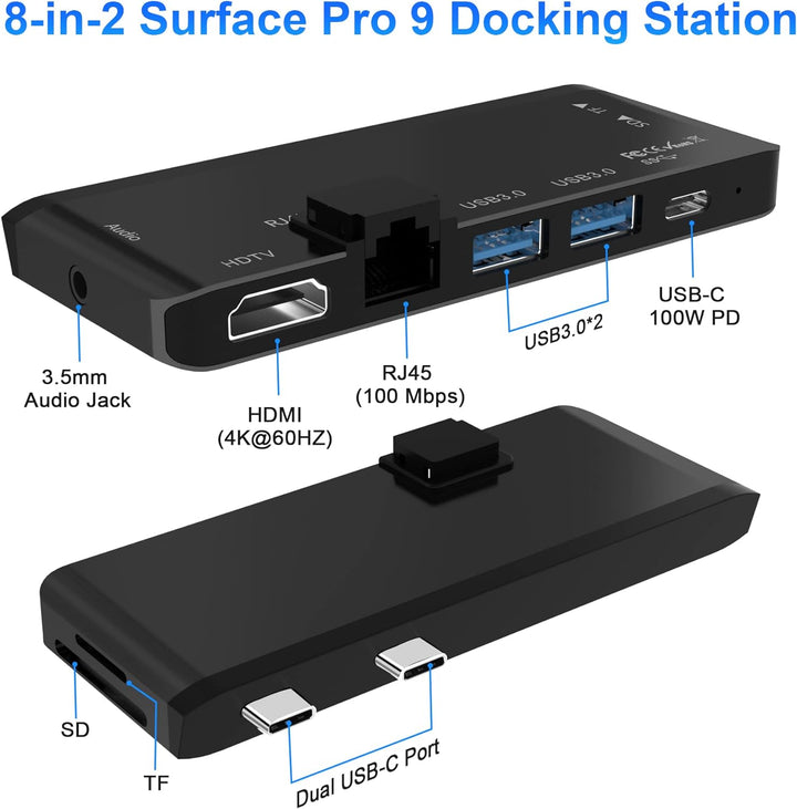 Surface Pro 9 Docking Station, Surface Pro 9 Hub Adapter mit 100 Mbps LAN, 4K HDMI, 100W USB-C (Disp