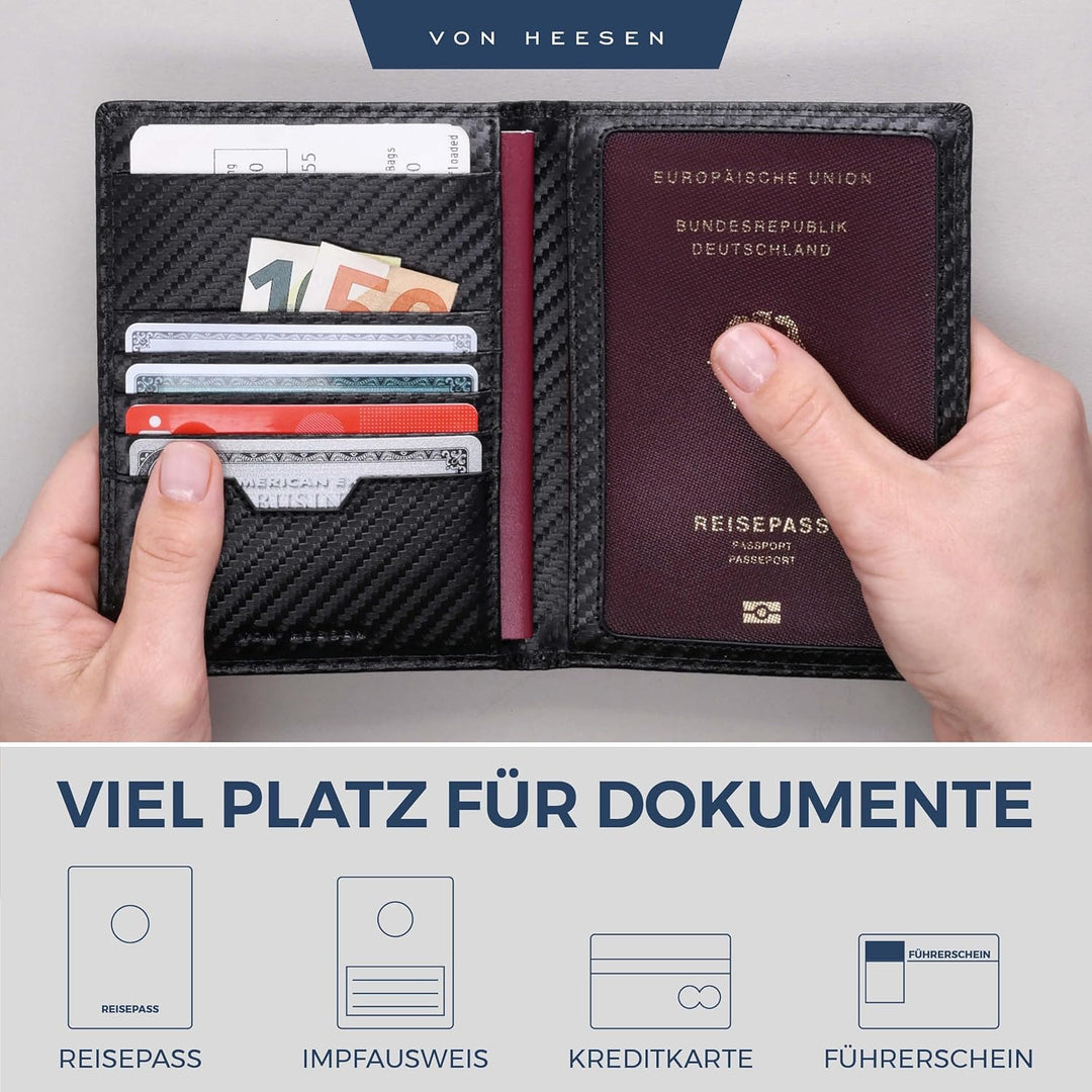 VON HEESEN® Reisepasshülle Etui mit RFID-Schutz - Passhülle Passport Reisepass Mappe Hülle Organizer