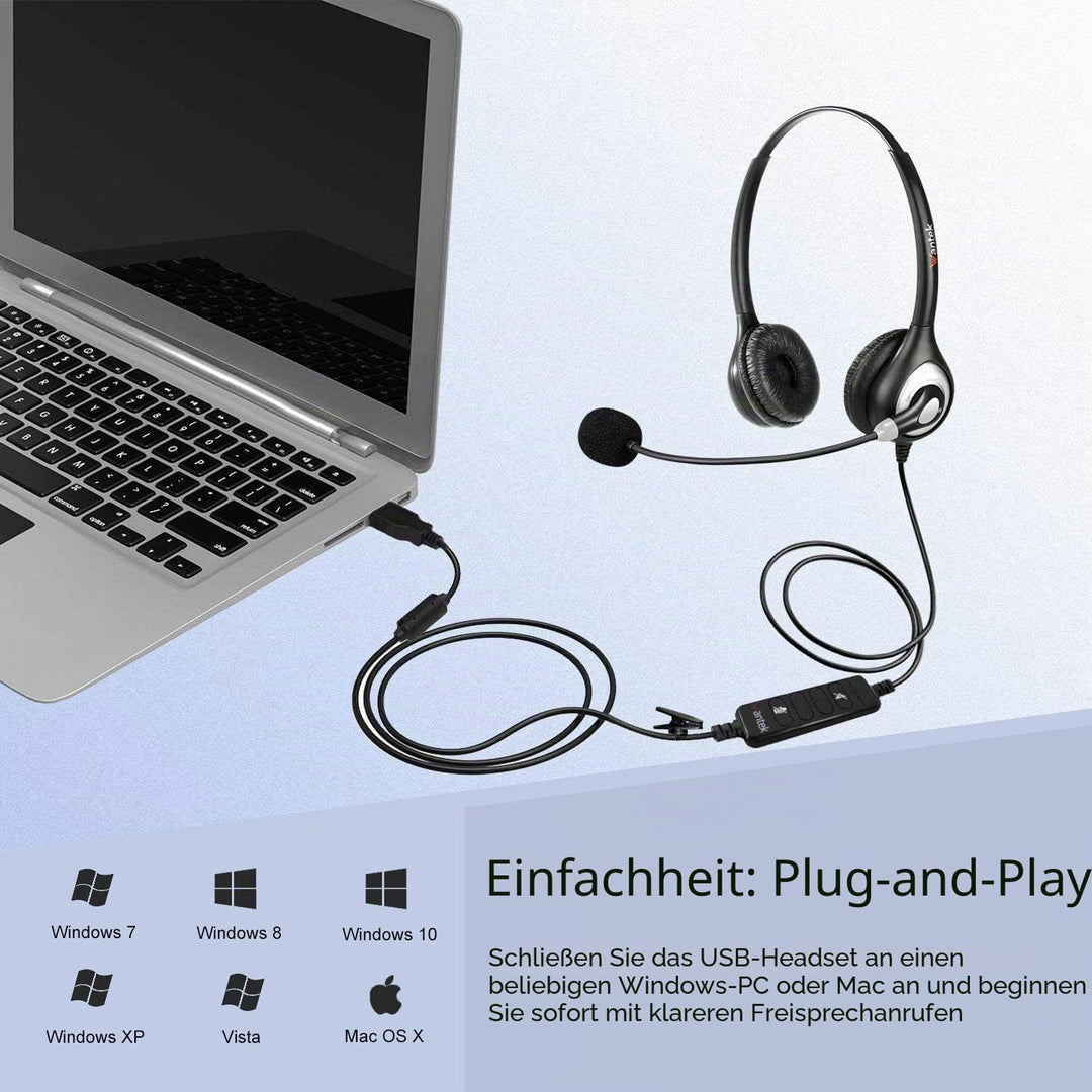 Wantek USB Headset mit Mikrofon für PC Laptop, Computer Headsets mit Mikrofon Noise Cancelling, Busi