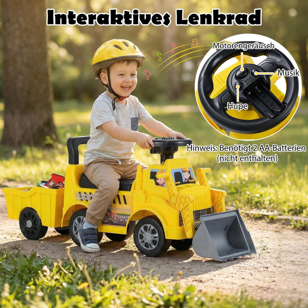 DREAMADE Bagger zum draufsitzen, Kinderbagger mit Verstellbarer Schaufel, abnehmbarem Anhänger, Lenk