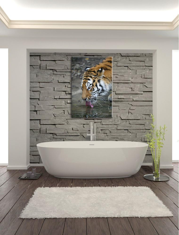 Pixxprint Tiger am Wasser auf Leinwand, XXL riesige Bilder fertig gerahmt mit Keilrahmen, Kunstdruck