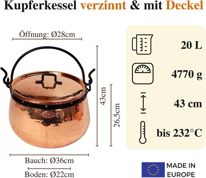 CopperGarden Kupferkessel 20 L mit Henkel & Deckel - Hexenkessel I Robuster Kessel aus verzinntem Ku