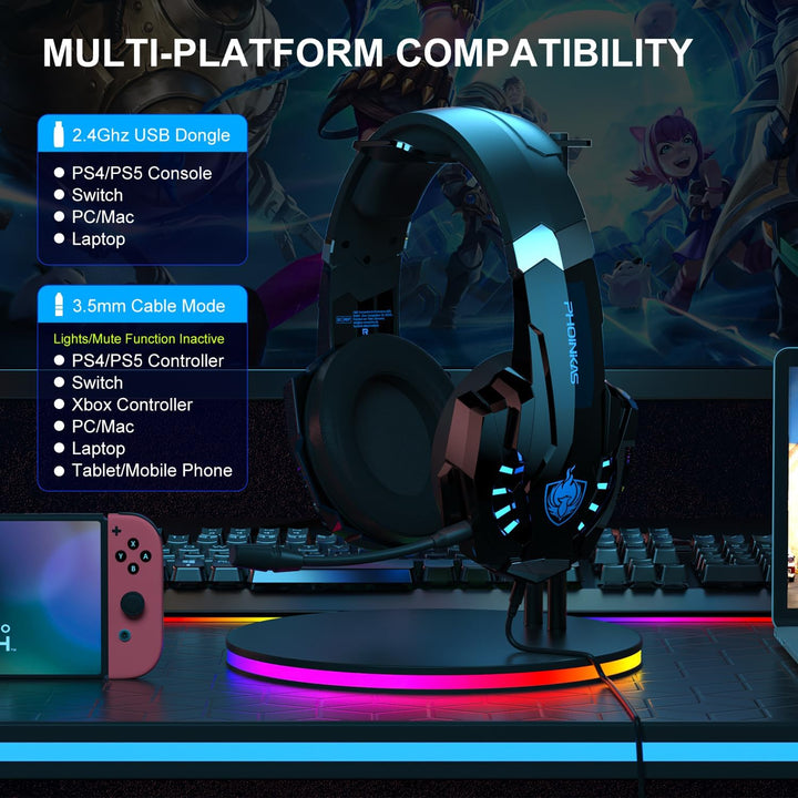 PHOINIKAS Gaming Headset Wireless, Kabellose Kopfhörer, für PS4/PS5/Switch/PC, 2,4GHz-Dongle und 3,5