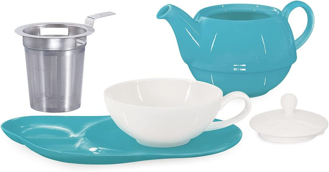 tea4chill Buchensee Tea for One mit Sieb Lena 500ml aus Crystal Bone China Porzellan in türkis. Teek