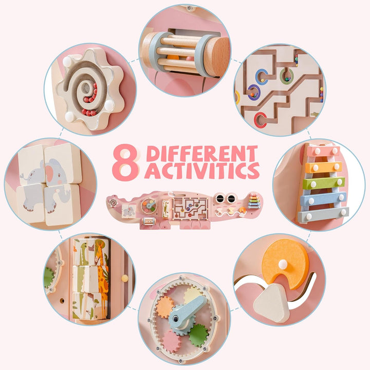 ROBUD Wandmontiertes Montessori Busy Board, 8-in-1 Activity Board Spielzeug Holz Beschäftigungsbrett