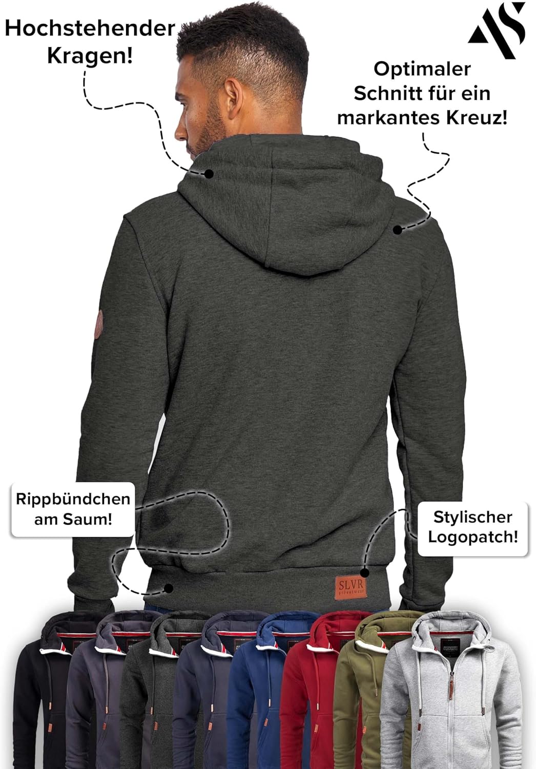 ALESSANDRO SALVARINI Herren Sweatjacke Kapuzenpullover Jacke Hoodie Kapuze Sweater AS292 L Dunkelgra