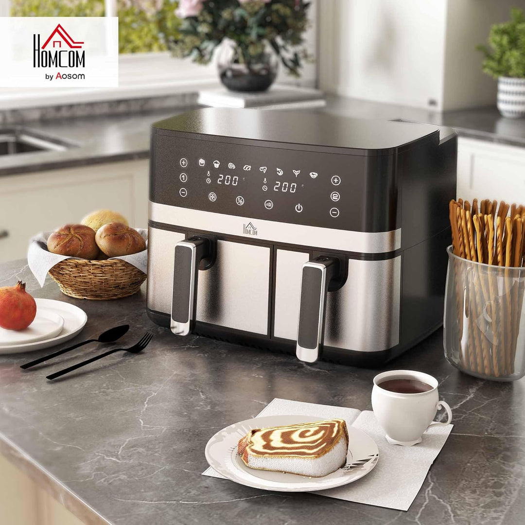 HOMCOM Dual Zone Heissluftfritteuse 8,5 L Airfryer 2700W mit 2 Fächer, 8 Programme, Antihaftbeschich