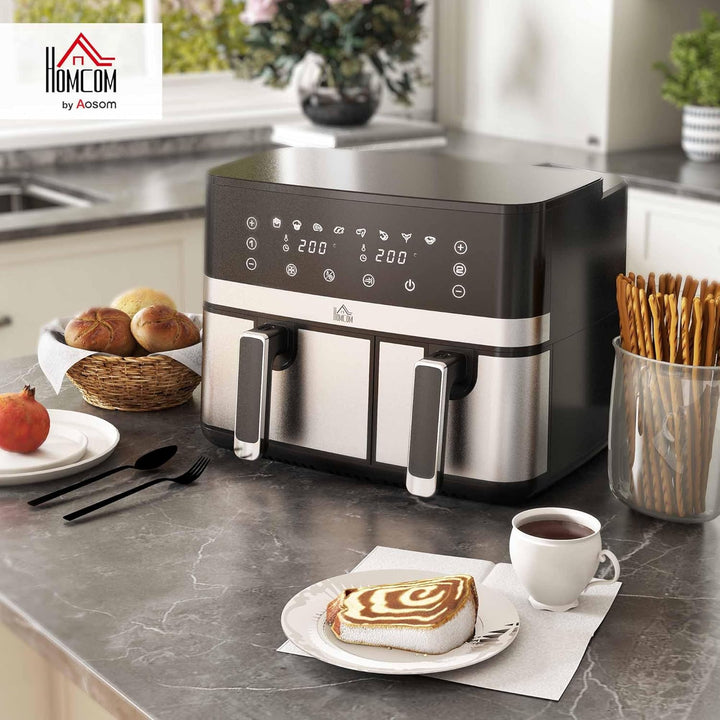 HOMCOM Dual Zone Heissluftfritteuse 8,5 L Airfryer 2700W mit 2 Fächer, 8 Programme, Antihaftbeschich
