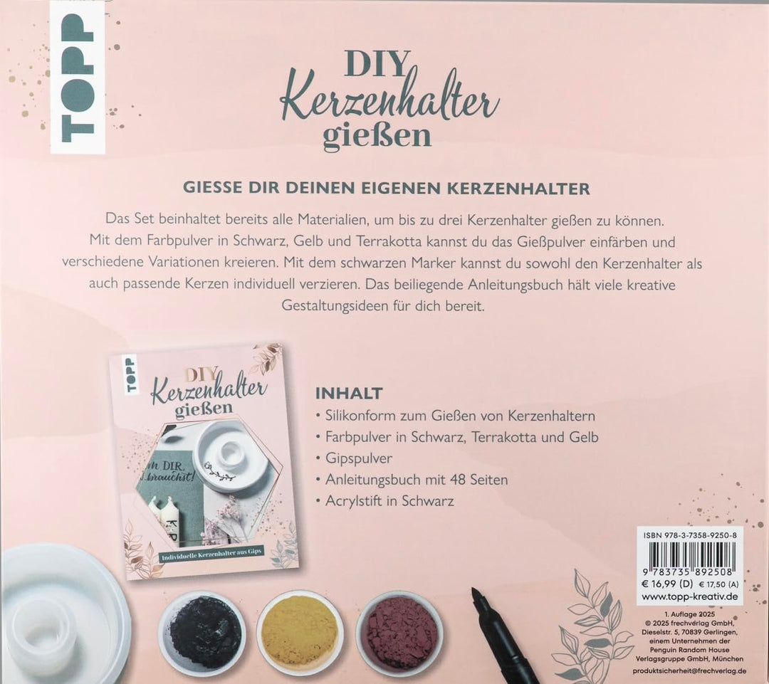 Kreativ-Set - Kerzenhalter giessen: Buch (48 S., DIN A5, Hardcover), Giessform, Kreativ-Beton in wei