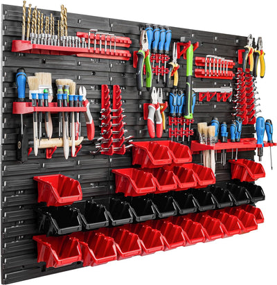 Lagersystem Werkstattregal | 117 x 78 cm | 28 stck. Box | Wandregal mit Werkzeughalterungen und Stap