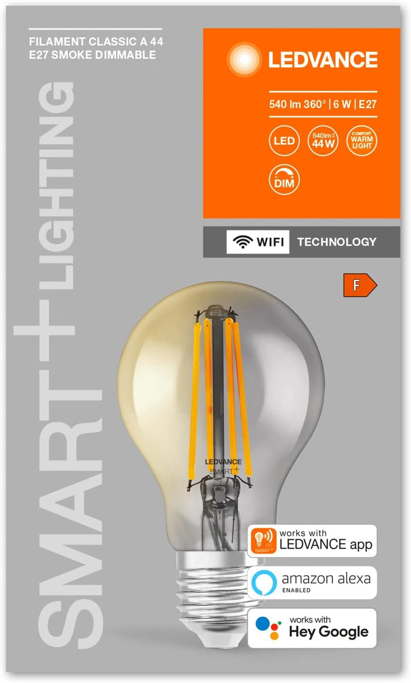 LEDVANCE Smarte LED-Lampe mit Wifi Technologie, E27, Dimmbar, Warmweiss, Birnenform, Klares Filament