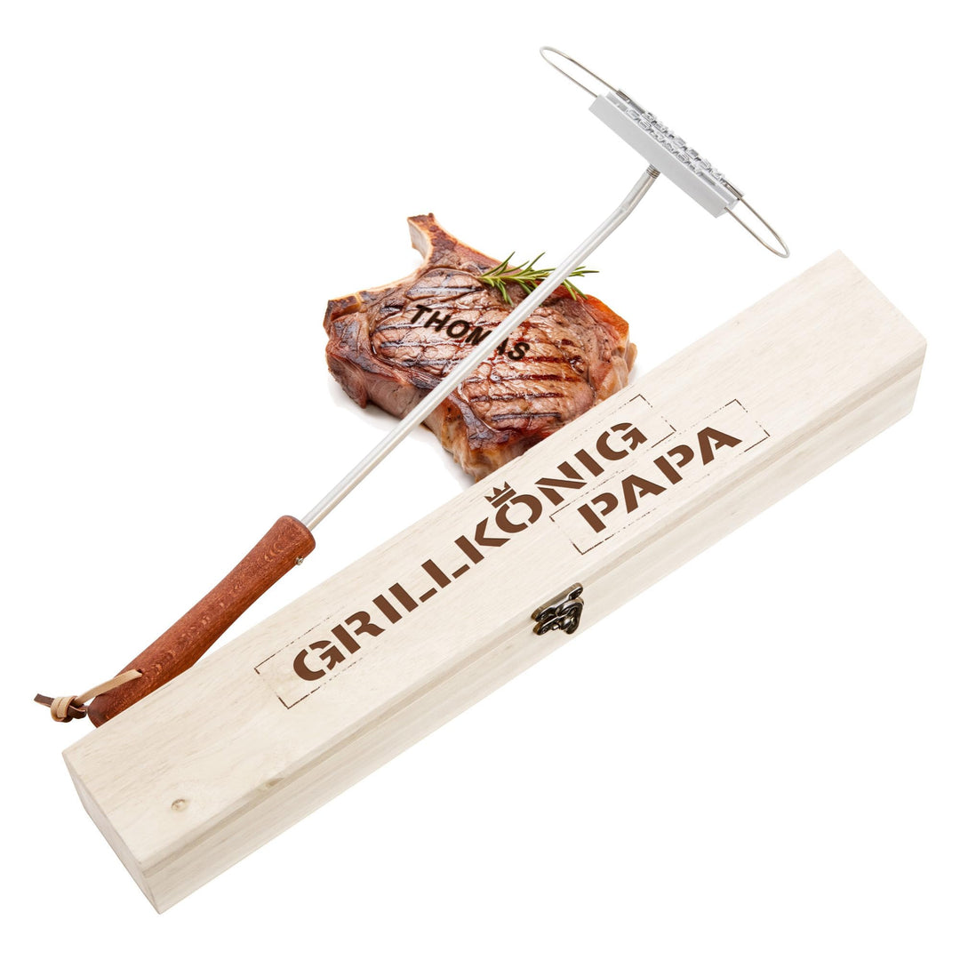 BBQ Brandeisen mit wechselbaren Buchstaben als Set mit Edler Holzbox mit Gravur, Grillkönig Papa, Br