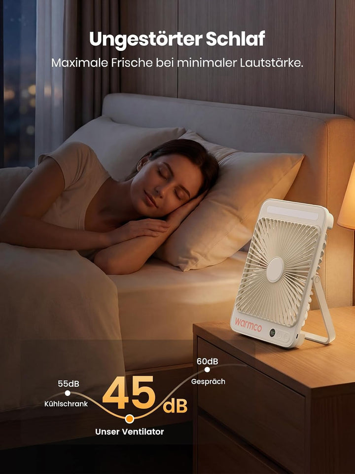 Warmco 20000mAh Akku Camping Ventilator 27cm mit Lampe, 15-48 Std. Laufzeit, Ultra-Leise, Ultraflach